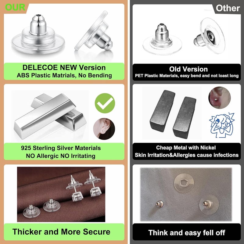 DELECOE 925 Sterling Silver Locking Earring Backs Replacements for Diamond Studs,14K White Gold Plated Hypoallergenic Secure Earring Backs 3-Pairs - Image 4